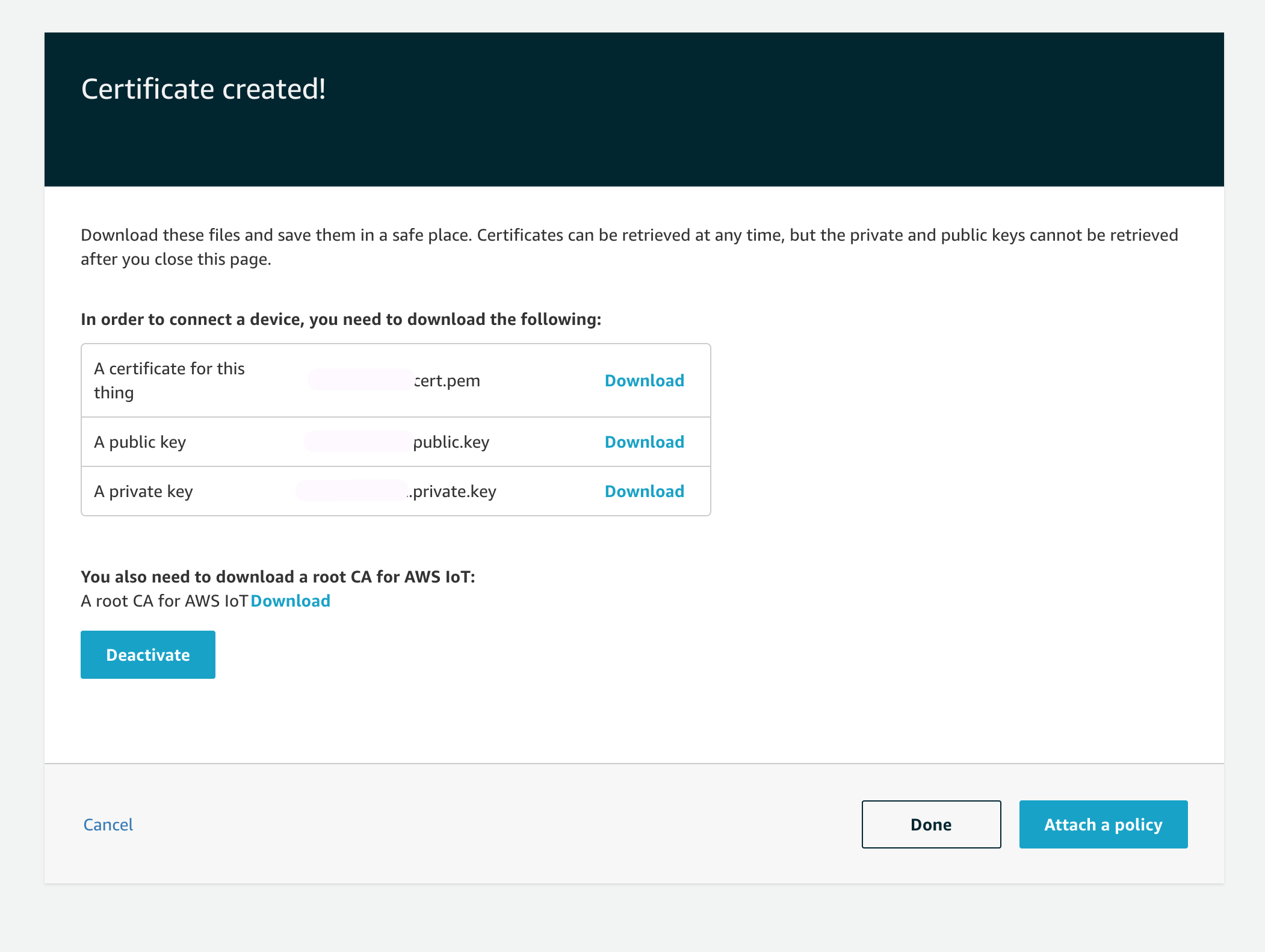 AWS IoT Core Certificate Create Done.